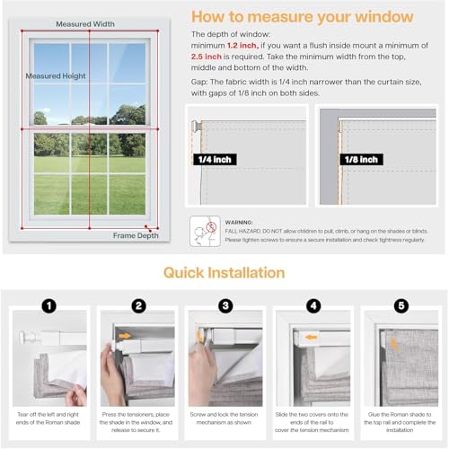 LazBlinds No Tools No Drill Cordless Roman Shades for Windows, Blackout Thermal Insulated UV Blocking Window Blinds, Room Darkening Fabric Blinds for Indoor Windows, 34'' W x 64'' H, Beige