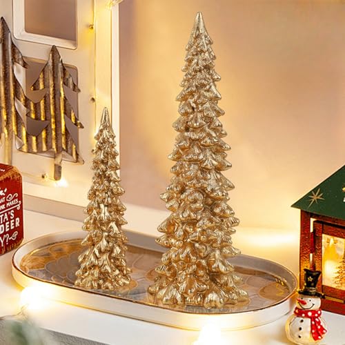 Juegoal Christmas Tree Table Decorations Set of 2, 9.5" Golden Resin Xmas Pine Trees, Vintage Tabletop Trees Ornaments Dinner Holiday Party Supplies, Winter Mantle Shelf Centerpieces Decor