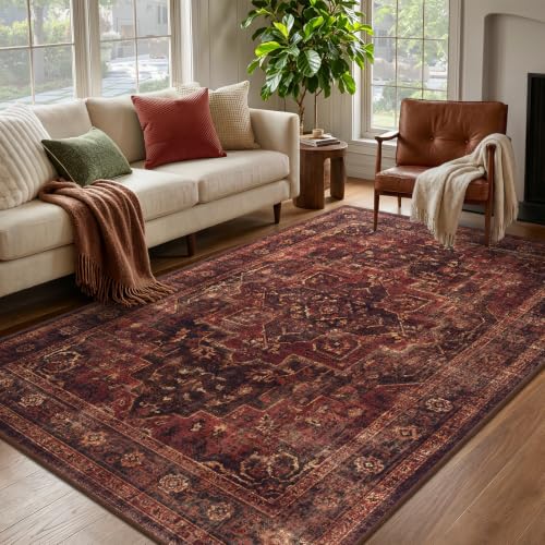 Washable Area Rug 5'x7' Living Room, Vintage Medallion, Dark Red