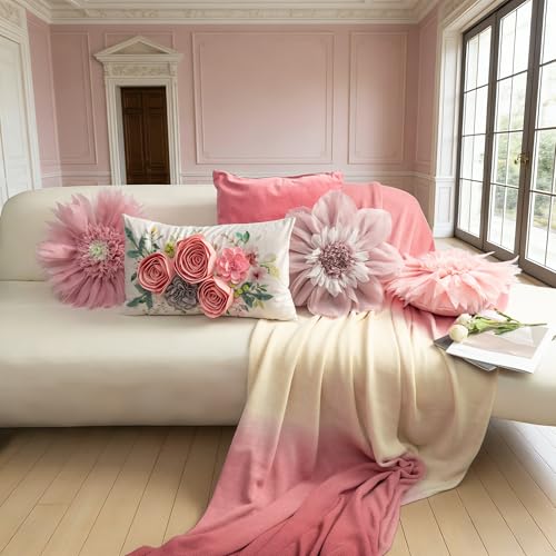 3D Blush Pink Round Flower Throw Pillow Handmade Floral Decorative Pillow with Insert Boho Farmhouse Accent Cushion for Bed Sofa Couch Bedroom Living Room Home Decor 12 Inch