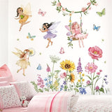 decalmile Flower Fairy Wall Decals Butterfly Girl with Wildflower Sunflower Wall Stickers Girls Bedroom Baby Nursery Kids Room Wall Decor