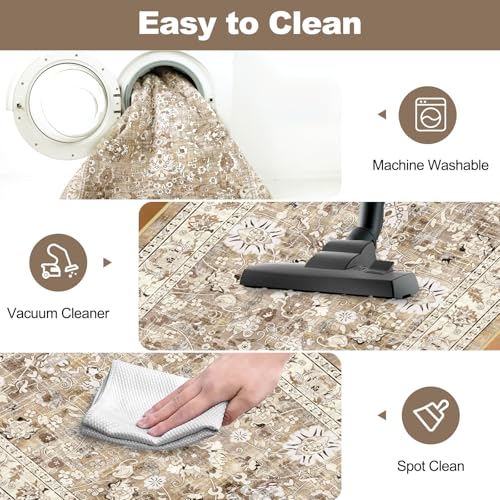 LOKHOM Washable Kitchen Rugs Sets of 3, Non Slip Floral Kitchen Mats for Floor with Rubber Backing, Boho Carpet Runner for Hallways Entryway Laundry Sink (2x3+2x4+2x5, Beige Brown)