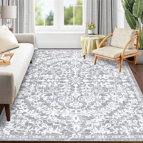 Pauwer 5x7 Area Rugs for Living Room, Non Slip Washable Rug,Grey White