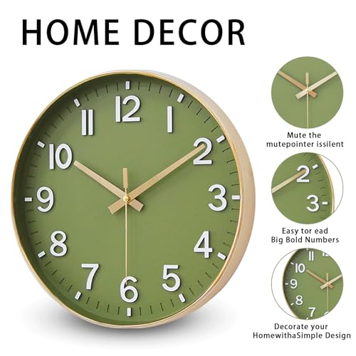 HZDHCLH Wall Clocks Battery Operated,Wall Clock Green Gold,8 inch Wall Clock Silent Non Ticking Modern 3D Numbers for Kitchen Bedroom Living Room Office Classroom Decor