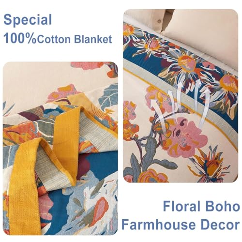 Boho Throw Blanket - 100% Cotton Soft Summer Throw Blanket for Bed, 50"x60" Reversible Breathable Lightweight Blankets, All Seasons Farmhouse Decor Floral Plant Butterfly Throw Quilt