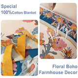 Boho Throw Blanket - 100% Cotton Soft Summer Throw Blanket for Bed, 50"x60" Reversible Breathable Lightweight Blankets, All Seasons Farmhouse Decor Floral Plant Butterfly Throw Quilt