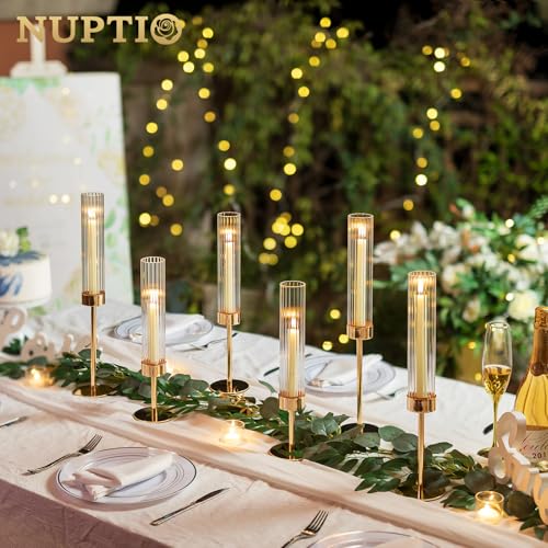 NUPTIO Hurricane Glass Candles Holder, 18 Pcs Gold Taper Candle Holder Bulk