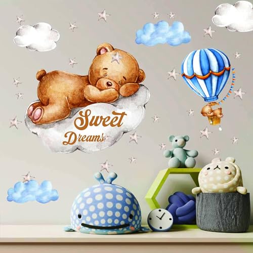 Tedy Bear Moon & Stars Wall Decor - Sleeping Bear Wall Stickers, Baby & Nursery Room Decor