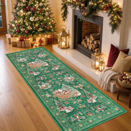 Christmas Rug 2x5 Runner Rug Non-Slip Washable Rugs for Entryway,Xmas Green