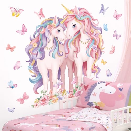 decalmile 2 Large Size Unicorn Wall Decals Unicorn Flower Butterfly Wall Stickers Baby Nursery Kids Room Girls Bedroom Wall Decor
