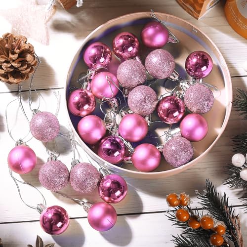 24pcs Mini Pink Shatterproof Christmas Ball Ornaments, 1.18 Inch Plastic Christmas Tree Decorations, Shiny Matte Glitter Ornaments for Pastel Tree Wreath Garland Holiday Party Decor