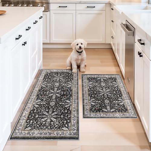 Kitchen Rugs Set of 2 Washable Non Slip – Soft Low Pile Boho Floral Decorative Area Rugs & Runner Mats for Kitchen Floor, Entryway, Hallway, Doorway & Bathroom – Indoor Small Rugs (Black, 2x3+2x4)