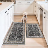 Kitchen Rugs Set of 2 Washable Non Slip – Soft Low Pile Boho Floral Decorative Area Rugs & Runner Mats for Kitchen Floor, Entryway, Hallway, Doorway & Bathroom – Indoor Small Rugs (Black, 2x3+2x4)