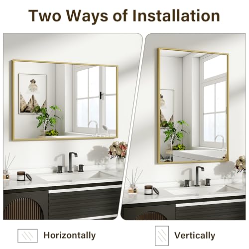 HARRITPURE 28"x20" Rectangle Mirror Bathroom Mirrors for Over Sink Framed | for Wall, Gold Framed Rectangle Mirror Aluminum Alloy Frame Wall-Mounted Horizontally/Vertically for Entryway/Bedroom/Vanity