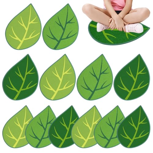 JarThenaAMCS 12 Pcs Green Leaf Classroom Carpet Kids Sitting Floor Seats Back to School Mats Non-Slip 3 Colors Leaf Rugs for Group Activity Learning Play Areas, 13.5 x 16 Inch