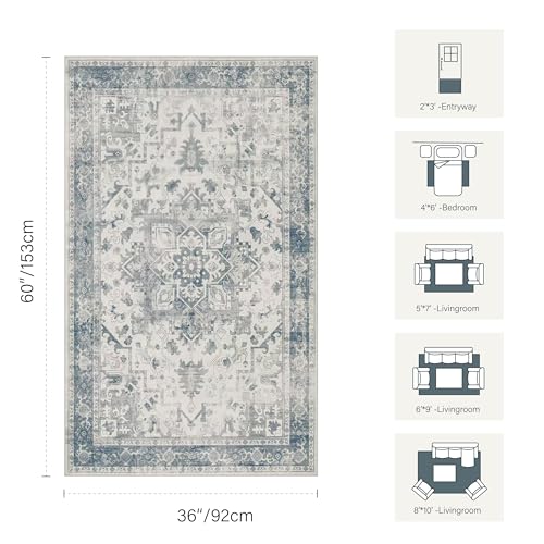 3x5 Entryway Rug,Blue Vintage Boho Bedroom Area Rug