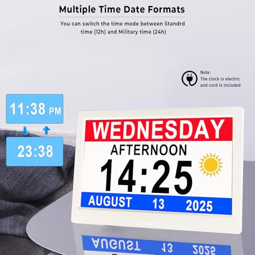 MASSII 11.5" Black +11.5" White Digital Clock with Auto DST and 20 Alarms Custom Reminders, Non-Abbreviated Calendar Day Date Clock for Seniors Dementia Alzheimers'