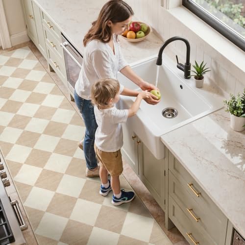 Checkered Print Rug Runners for Hallways Non Slip 2.5x8, Ultra Thin Beige Kitchen Runner Rugs Non Skid Washable, Classic Neutral Gingham Decor Faux Wool Carpet for Bathroom Bedroom Entryway