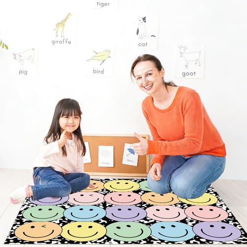 JarThenaAMCS 3.3 x 4 Ft Smile Face Area Rug Large Emotion Mat Colorful Composition Non-Slip Soft Fluffy Mental Health Floor Carpet for Back to School Living Bedroom Playroom
