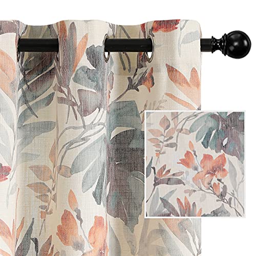 MYSKY Home Floral Curtains 84 inches Long Printed Grommet Cotton Curtains for Living Room Bedroom Light Filtering Linen Style Curtain Burlap Effect Drape Window Treatments, 2 Panel Coral and Natural