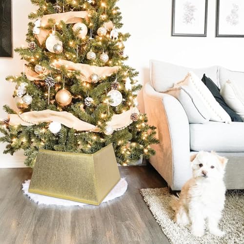 Blissun Fabric Christmas Tree Collar, Square Shiny Tree Ring, Willow Christmas Tree Skirt for Christmas Tree Decorations (Shiny Gold)