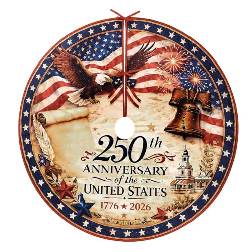250th Anniversary Tree Skirt, 47'' 4th of July Tree Mat Patriotic Decorations American Flag Eagle Independence Day Christmas Holiday Party Decor Supplies