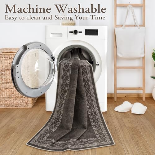Lahome Modern Bordered Machine Washable Rug, Ultra-Thin Soft 3x5 Rugs for Entryway Bedroom, Non-Slip Stain Resistant Small Carpet for Laundry Entry（3'x 5',Brown