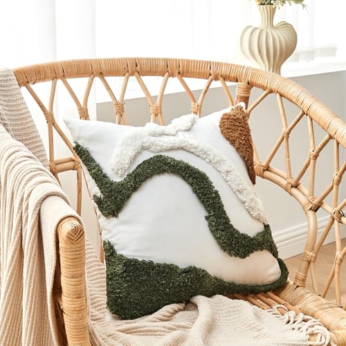 lifein 18x18 Pillow Covers-Throw Pillow Covers Boho Couch Pillows Embroidered Decorative Accent Pillows Mid Century Textured Pillowcases for Couch Sofa Living Room Bed (Olive Green and Cream)