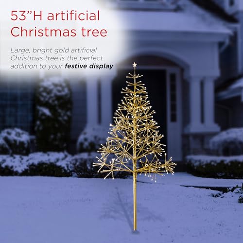 Alpine Corporation 53" H Indoor Outdoor Festive Artificial Christmas Tree with Warm White LED Lights, Gold