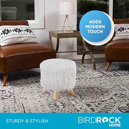 BIRDROCK HOME Small Faux Fur Foot Stool Ottoman – Upholstered Vanity Chair with Natural Wood Legs - Soft Compact Padded Seat or Accent Chair for Makeup Room, Living Room or Bedroom (White)