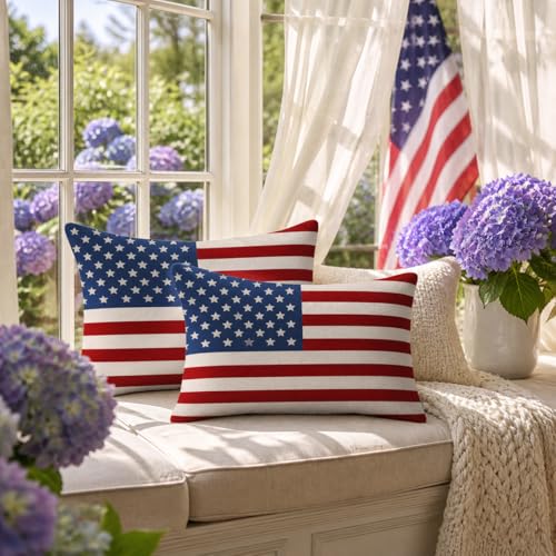 4th of July Patriotic Pillow Covers 12x20 Inch Set of 2, American Flag Decorative Throw Pillowcase Independence Day Stars and Stripes Outdoor Cushion Cover for Sofa Couch Living Room Bed Decor