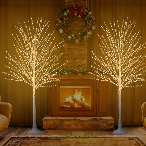 2Pack 6FT Lighted Birch Tree, Birch Tree with 880 LED Lights, 8 Twinkling Modes and Timer, Dimmable, Light Up Twig Christmas Tree for Indoor Outdoor Home Party Garden Wedding Decorations