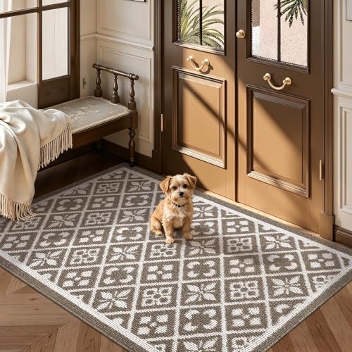 Indoor Door Mat 3x5ft Absorbent Dog Mats for Muddy Paws,Machine Washable Small Living Room Area Rug with Non-Slip Rubber Backing Low-Profile Inside Carpet for Hallway,Entryway,Kitchen(Brown)