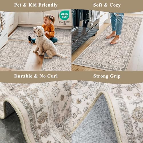 5x5 Square Washable Rug for Living Room: Non Slip Indoor Entryway Foot Carpet for Kitchen, Boho Soft Beige 5ftx5ft Low Pile Neutral Area Rug for Dining Room Bathroom (Beige, 5x5)