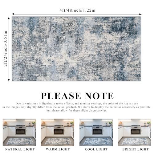 2x4 Rug for Entryway Washable: Non Slip Abstract Runner for Kitchen Blue
