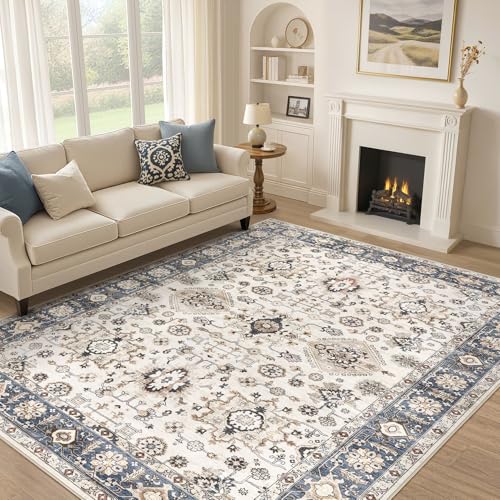 9x12 Area Rug for Living Room, Washable Vintage Pattern, Non-Slip Stain Resistant Soft Durable Floor Rug for Bedroom & Dining Room - (Blue & Beige)