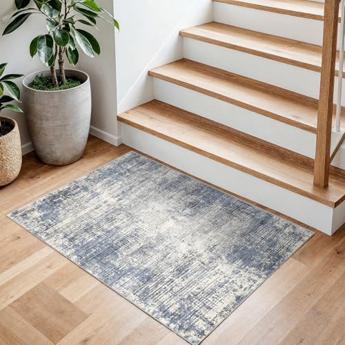 Washable Entryway 2x3 Area Rug: Small Abstract Kitchen Rugs for Indoor Bathroom Entrance Non Slip Door Mat with Rubber Backing Ultra Thin Soft Carpet for Bedroom Pet Feeding Area (Blue Gray,2x3)