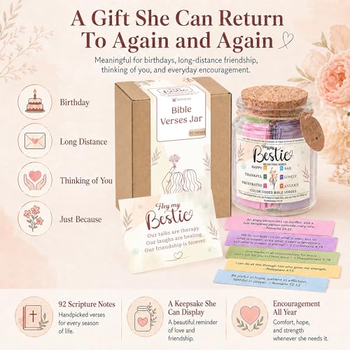Bestie Bible Verses Jar – Birthday Gifts for Friends, Graduation Gifts for Bestie, Color Coded Bible Verses, Faith Based Friendship Gift for Women