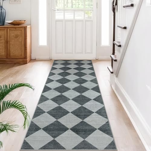 Checkered Print Hallway Rug 2x6, Ultra Thin Kitchen Rug Runner Non Slip Washable Carpet Runners for Hallway 6ft, Modern Diamond Stain Resistant Floor Carpet for Bathroom Bedroom Entryway