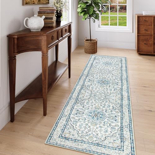 Lahome Oriental Washable Runner Rugs,2.5x8 Long Blue Bathroom Rugs Runner Non-Slip,Kitchen Runner Rugs Non Skid Washable,Traditional Low-Pile Wide Carpet Runner for Entryway Hallway Helena,8ft