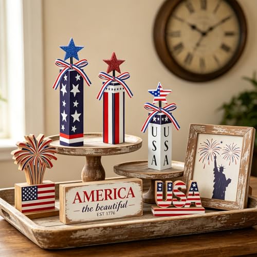 3 Pcs Patriotic Wooden Table Decor, 4th of July Tiered Tray Decor, Red White Blue Star Firework Centerpieces, USA Flag Wooden Blocks for Independence Day Memorial Day Home Decor