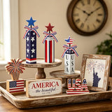 3 Pcs Patriotic Wooden Table Decor, 4th of July Tiered Tray Decor, Red White Blue Star Firework Centerpieces, USA Flag Wooden Blocks for Independence Day Memorial Day Home Decor