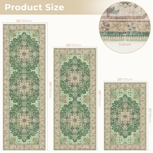 3 Piece Kitchen Rugs Sets with Runner, Washable Non Slip Soft Boho Kitchen Mats, Low Pile Stain Resistant Carpet for Hallway, Laundry Room, Entryway, Home Decor(20"x32"+20"x48"+20"x59", Green Beige)