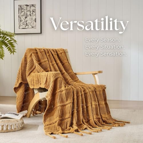 Boho Knitted Chenille Blanket with Tassels - Lightweight & Soft All-Season Throw - 3D Classic Pattern for Living Room Bedroom Couch, Amber Brown, Throw 50"x60"