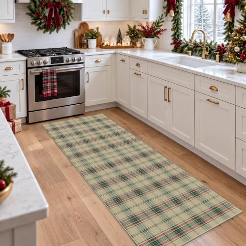 Green Christmas Runner Rug 2x5, Washable Rug for Hallway, Checkered Plaid