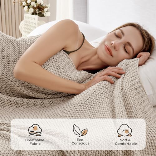 Joydeco Chunky Cable Knit Throw Blanket, Lightweight 100% Organic Cotton Soft Cozy Throw Twin Blanket for Couch Bed and Sofa, Rustic Breathable Farmhouse Blanket Gift for Women Men(Beige, 51"x63")