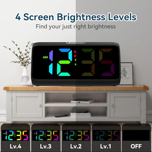 Netzu Loud Alarm Clock for Heavy Sleepers, Plug-in RGB Vibrating Alarm Clocks with Bed Shaker, 5 Dimmers, 2 Alarms and Snooze for Bedrooms Hearing Impaired Deaf Adults (Black)