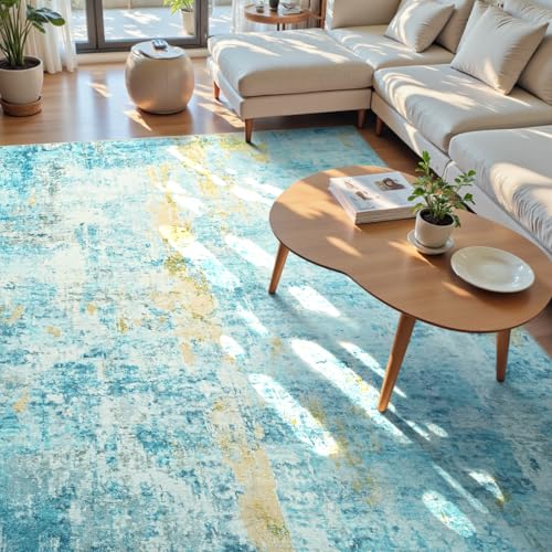 Living Room Rug 8x10 Teal Blue Area Rugs Machine Washable Abstract Boho Large Rug Non-Slip Non-Shedding Faux Wool Indoor Vintage Carpet for Bedroom, Classroom, Dining Room, Kids Playroom