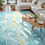 Living Room Rug 8x10 Teal Blue Area Rugs Machine Washable Abstract Boho Large Rug Non-Slip Non-Shedding Faux Wool Indoor Vintage Carpet for Bedroom, Classroom, Dining Room, Kids Playroom