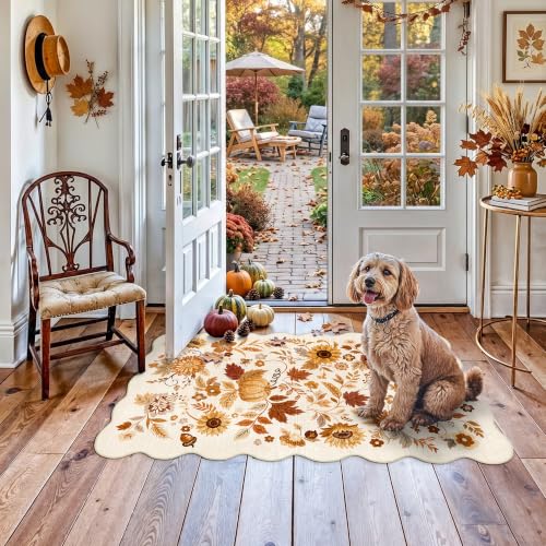 3X5 Fall Floral Area Rug: Throw Autumn Pumpkin Holiday Doormat Beige-Gold